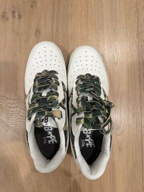 Bape White Leather Sneakers with Green Camo Laces